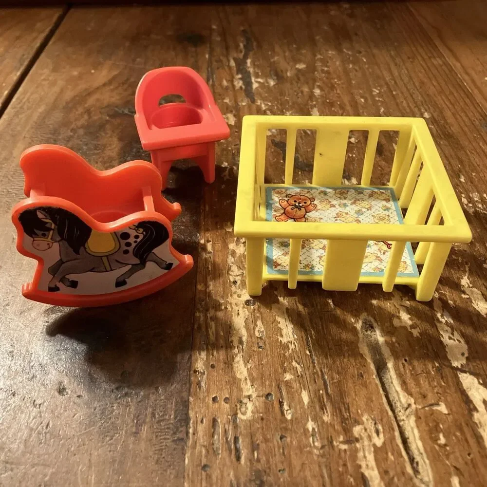 1972 Fisher Price Little People Family Baby Playpen Rocking Horse High Chair